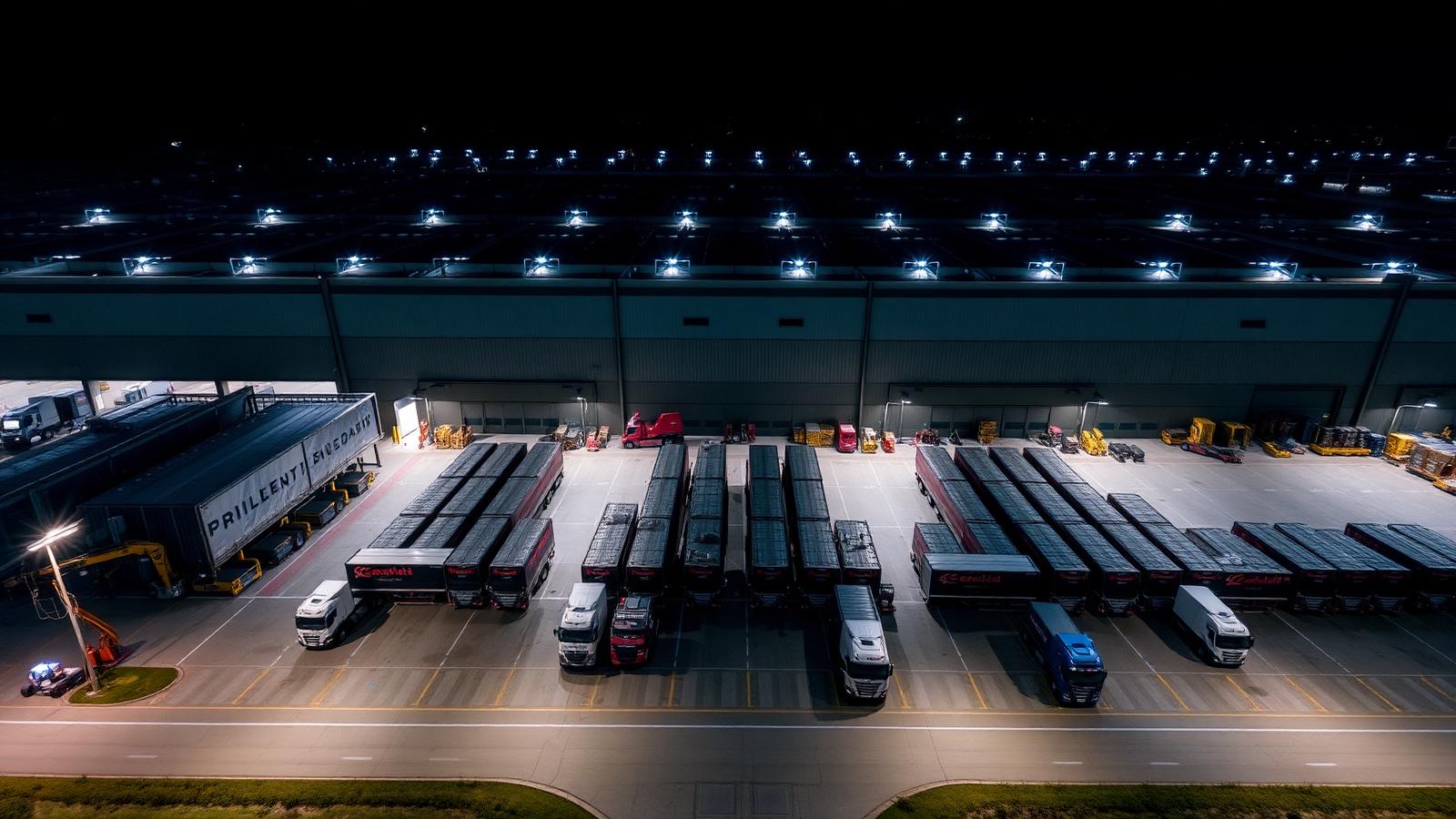 Frota AWG Transportes em pátio de operação noturno